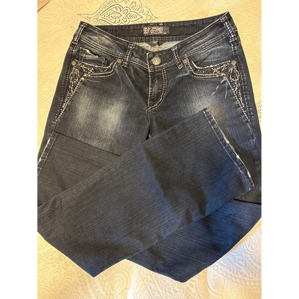 Silver Jeans Co Suki 30x31" 8" Rise Bootcut Dark Wash Embellished Denim Jeans